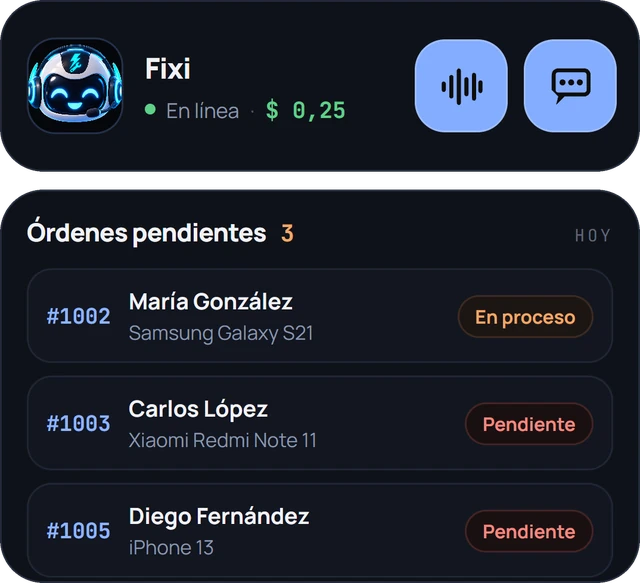Widgets de FixFlow: Fixi con su saldo y las órdenes pendientes